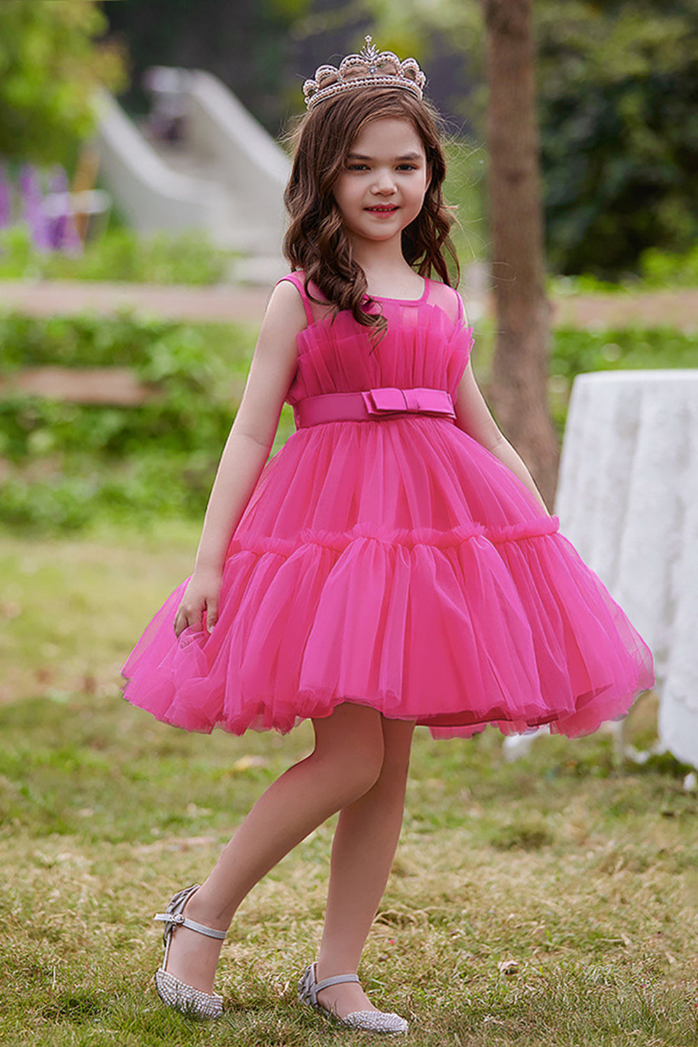A Line Removable Hot Pink Girl's Party Dress