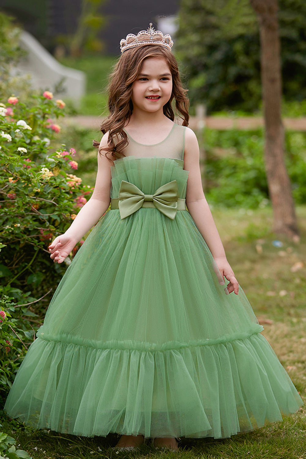 Green Strapless Tulle A Line Flower Girl Dress with Bow