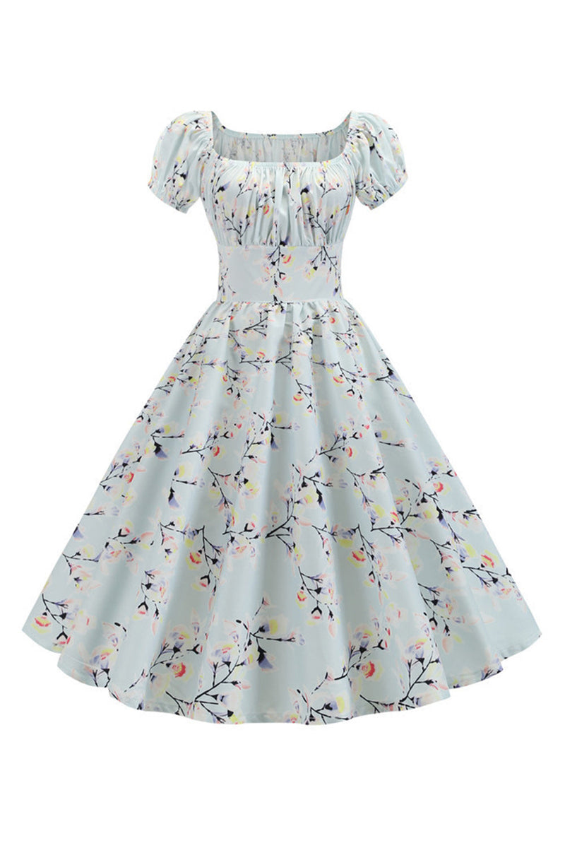 ZAPAKA Women Light Blue Vintage Dress Printed Puff Sleeves 1950s