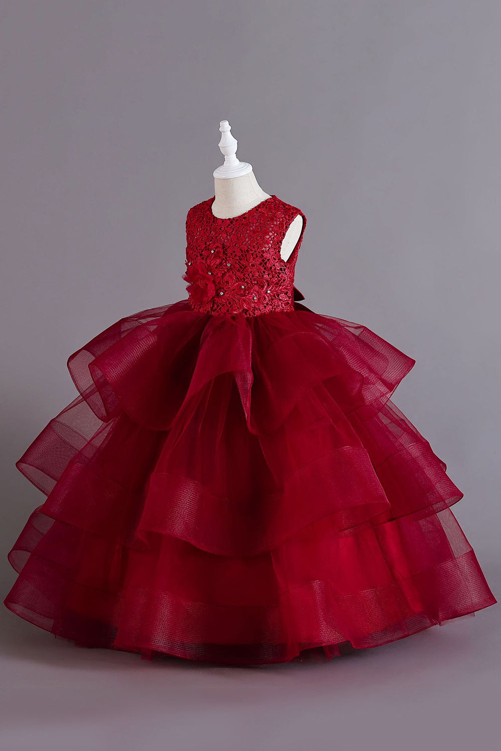 A Line Tulle Burgundy Sleeveless Girls Dresses With Bow