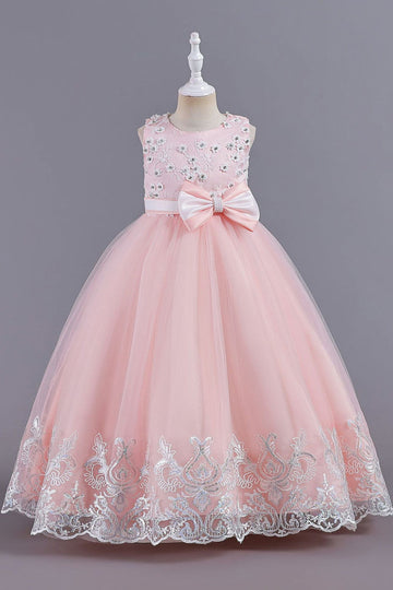 Pink Sleeveless Round Neck Applique Girls Dresses With Bowknot