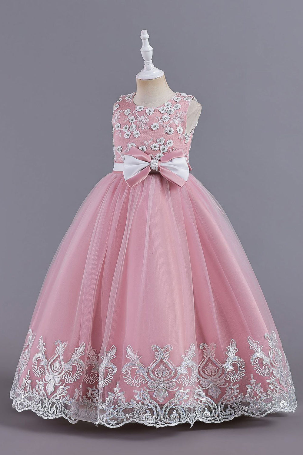 Pink Sleeveless Round Neck Applique Girls Dresses With Bowknot