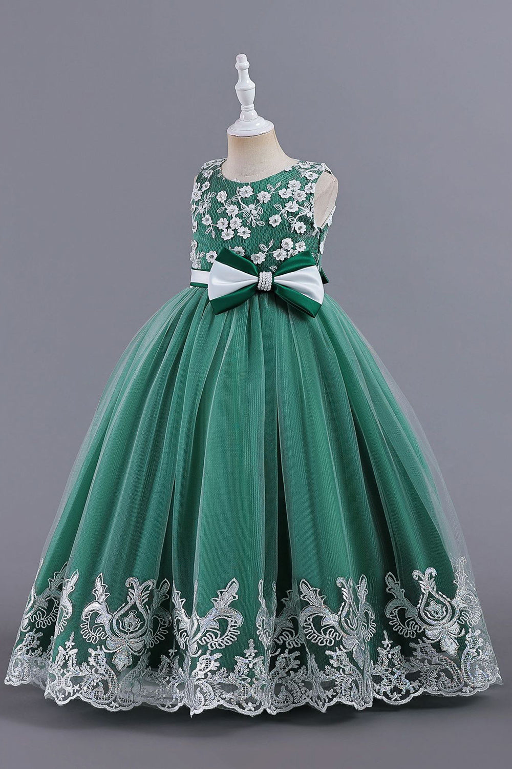 Pink Sleeveless Round Neck Applique Girls Dresses With Bowknot