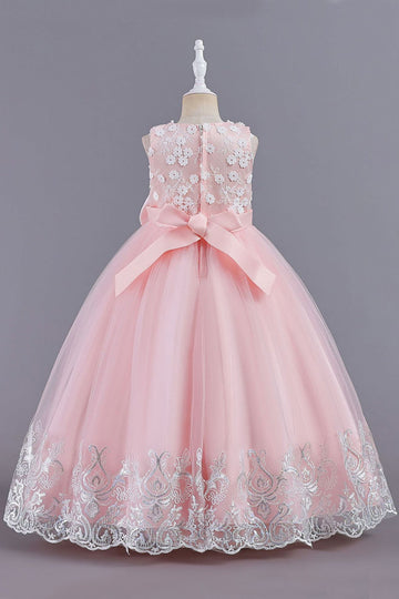 Pink Sleeveless Round Neck Applique Girls Dresses With Bowknot