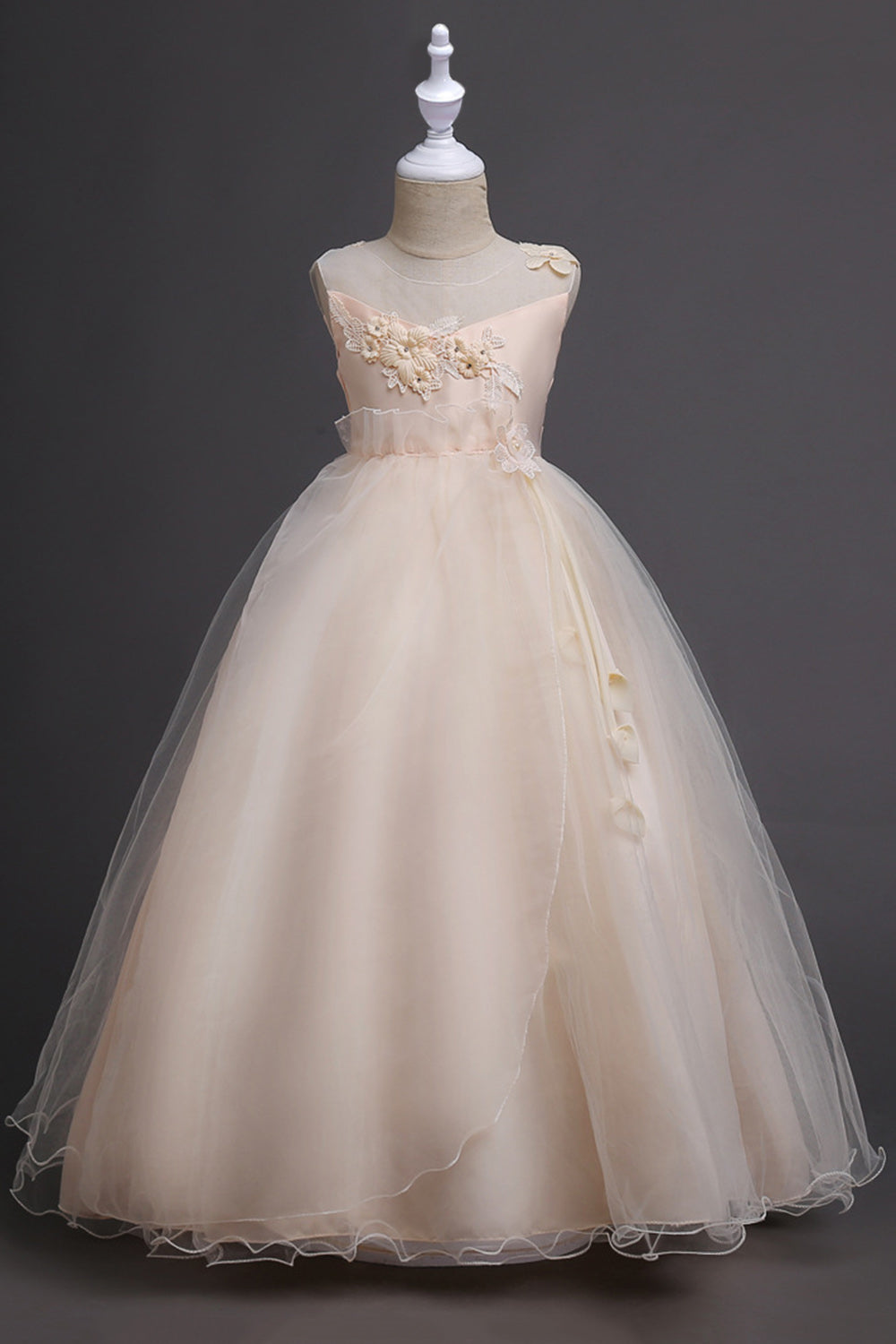 Tulle A-Line Round Neck Green Girls Dresses with Appliques