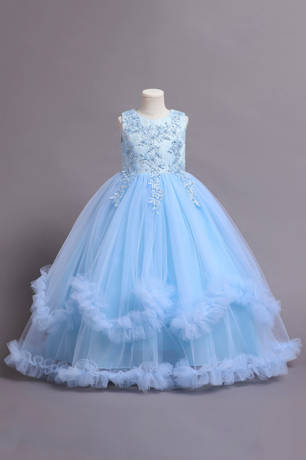 Tulle Beaded Blue Girls Dresses with Appliques