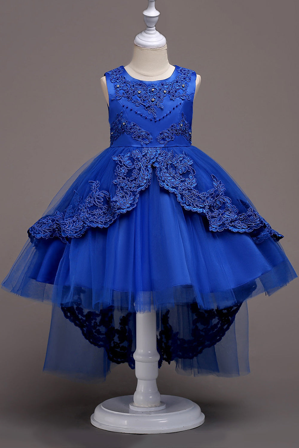 Dark Blue High Low Appliques Girls Dresses