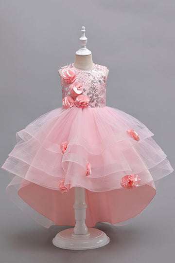 Pink High Low Appliques Sparkly Girls Dresses