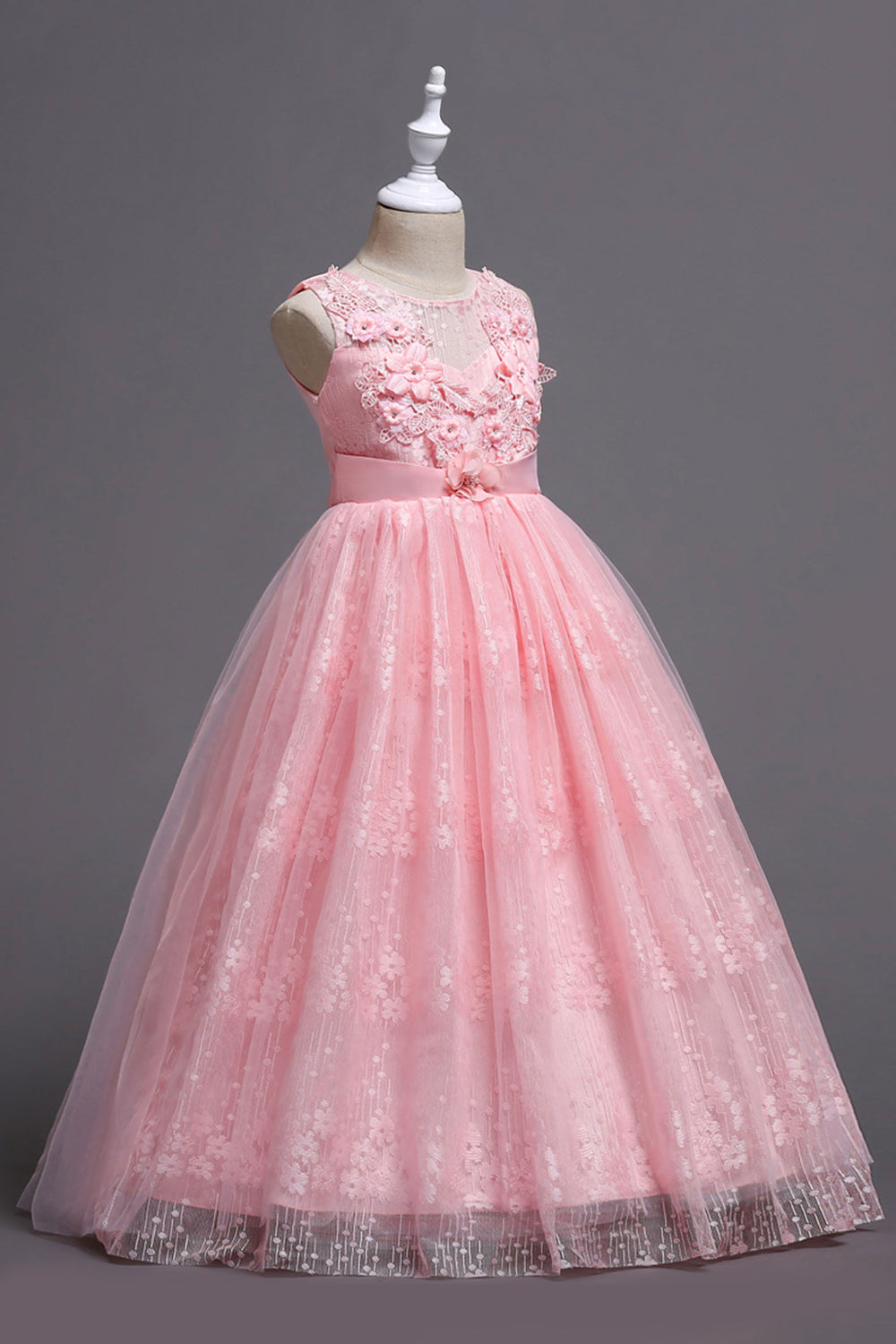 Pink Round Neck Girls Dresses With 3D Flowers
