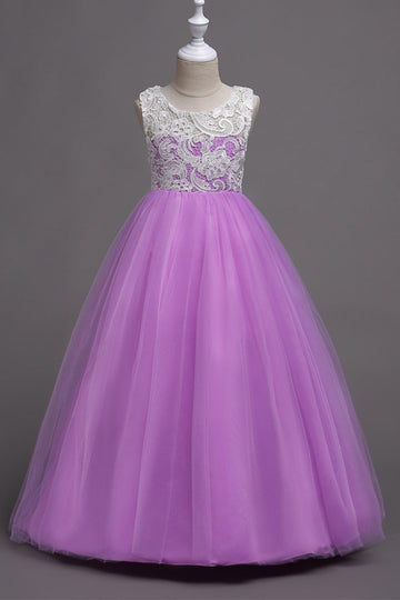 Purple A Line Tulle Girls Dresses With Lace
