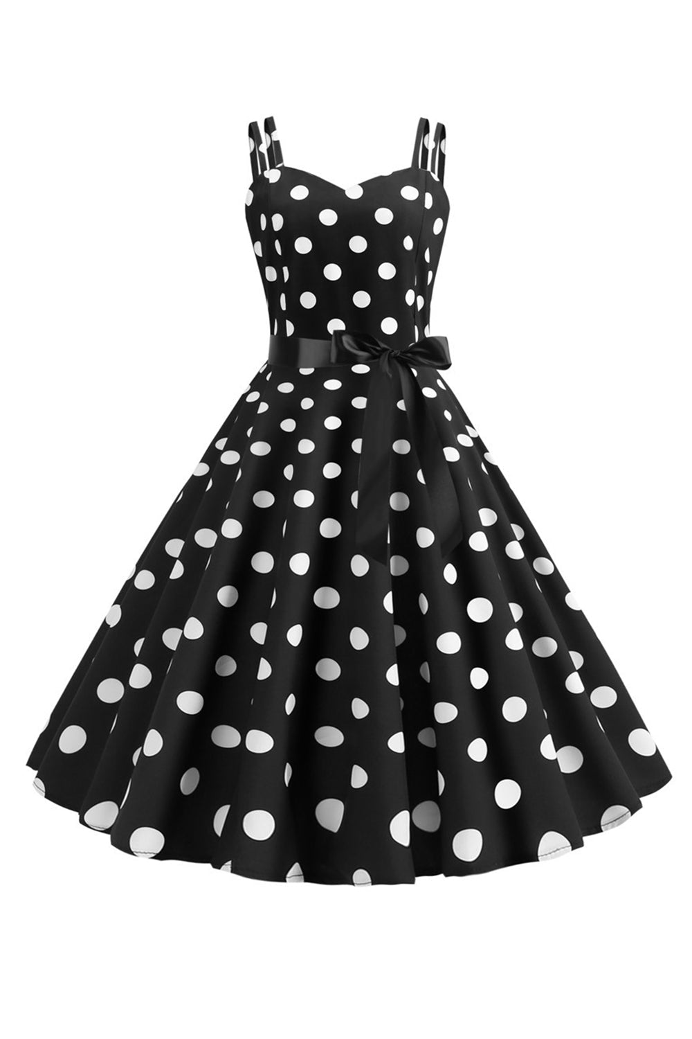 Pink Polka Dots Spaghetti Straps 1950s Dress With Bow