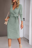 Green Long Sleeveles V-neck Casual Dress