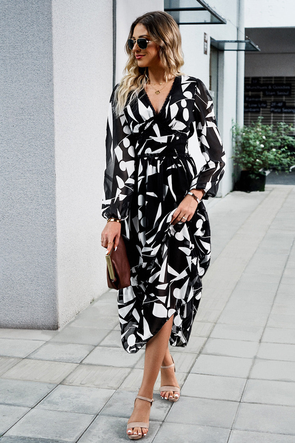 Black Printed Long Sleeves Casual Dress