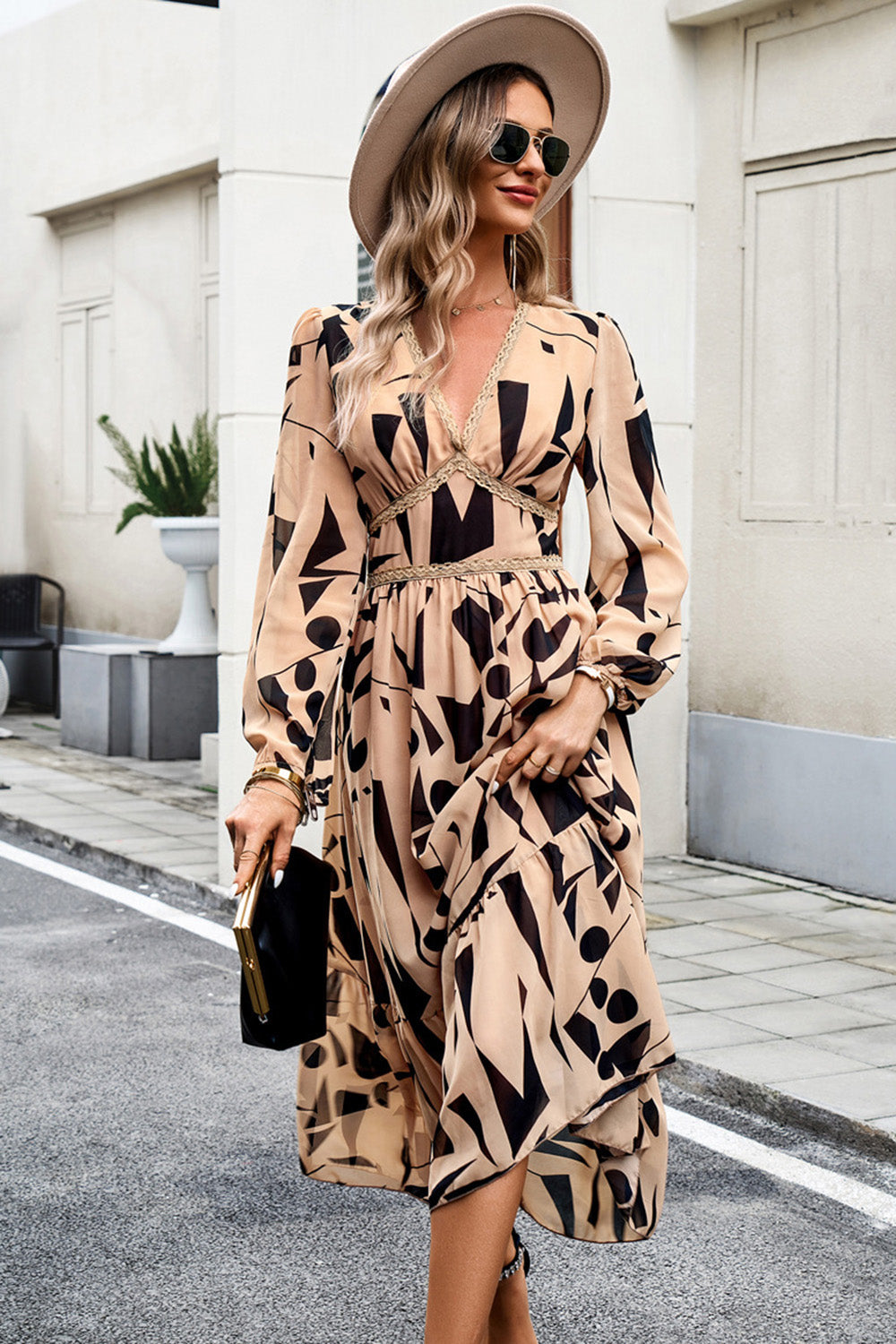 Black Printed Long Sleeves Casual Dress