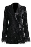 Zapaka Sparkly Black Peak Lapel Sequins Women Blazer with Feathers