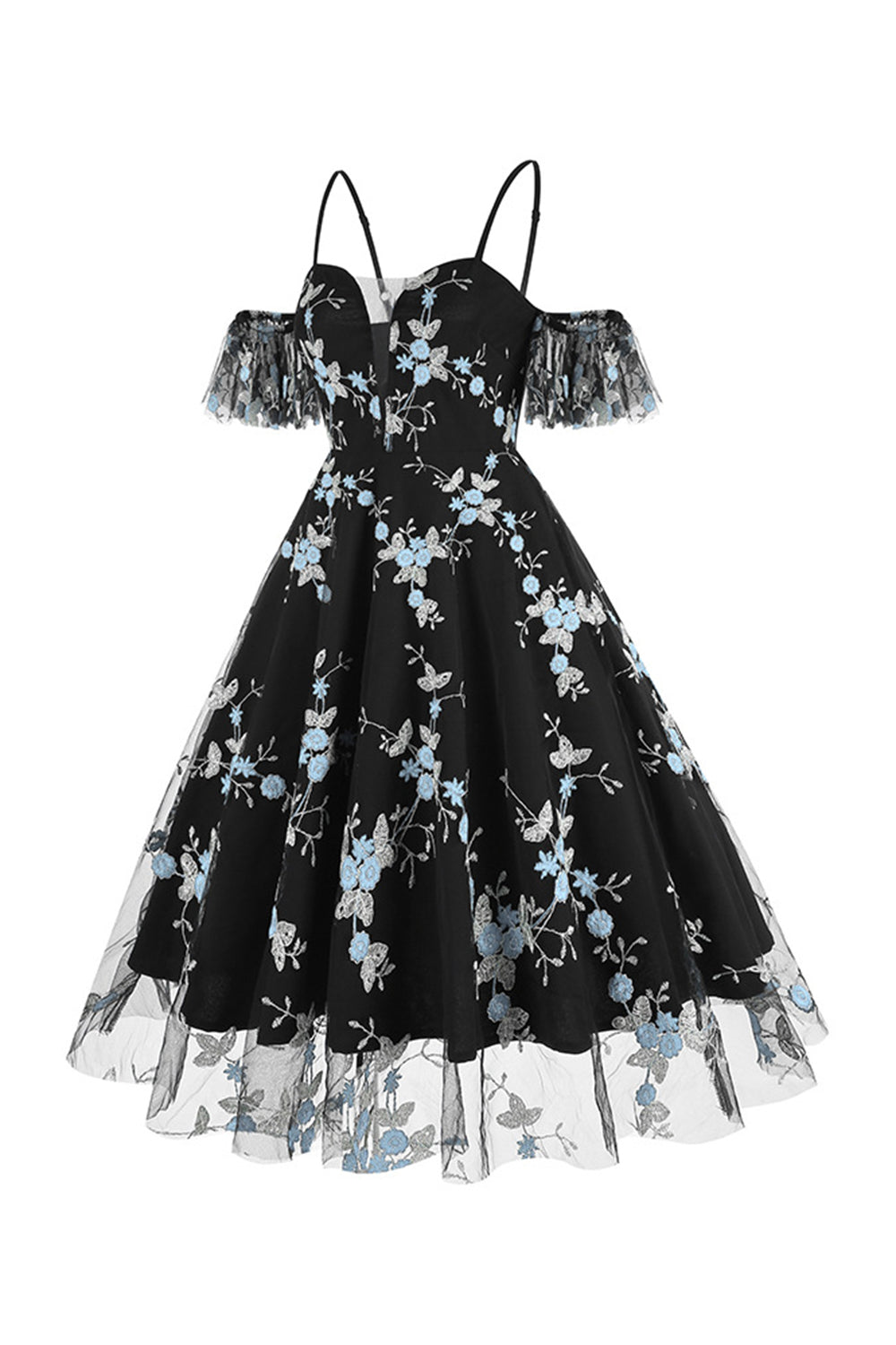 Off the Shoulder Blue 1950s Dress with Embroidery
