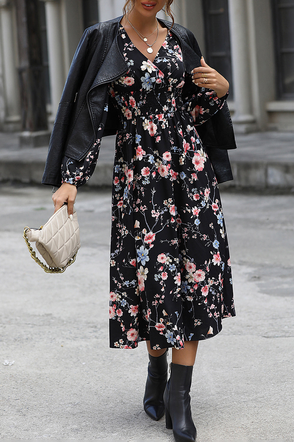 Floral Printed V-neck Long Sleeves Casual Dress