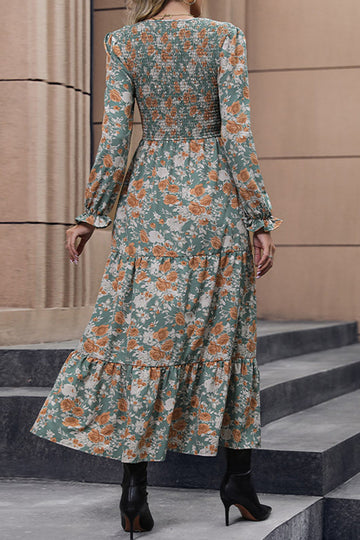 V-neck Green Printed Long Sleeves Casual Dress with Pleated