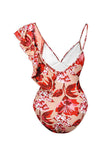 Red Leaves Printed 2 Piece Swimwear with Skirt