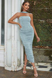 Strapless Light Blue Velvet Party Dress with Ruffles