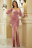 Pink Long Sleeves Velvet Formal Dress with Slit