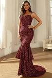 Burgundy Sparkly Sequins Mermaid Formal Dress