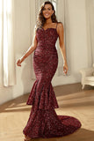 Burgundy Sparkly Sequins Mermaid Formal Dress