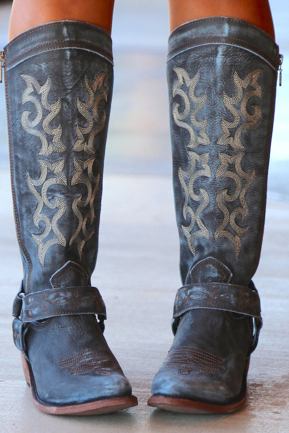 Blue Embroidered Cowgirl Boho Mid Calf Cowgirl Boots