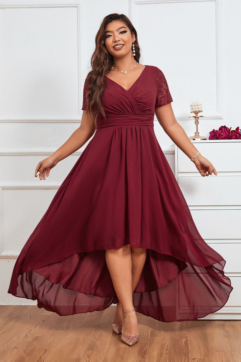 Burgundy A-line V-Neck Chiffon Long Plus Size Mother of Bride Dress