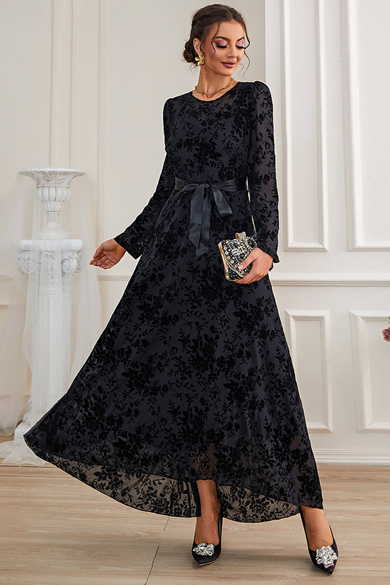 A Line Long Sleeves Lace Black Formal Dress with Sash