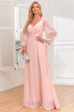 Chiffon V-Neck Blush Formal Dress with Long Sleeves