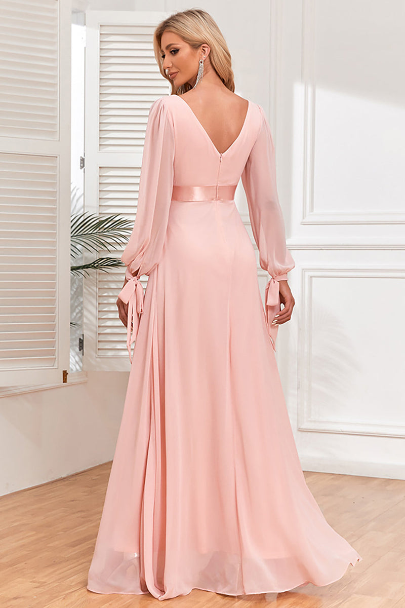 Chiffon V Neck Blush Formal Dress with Long Sleeves