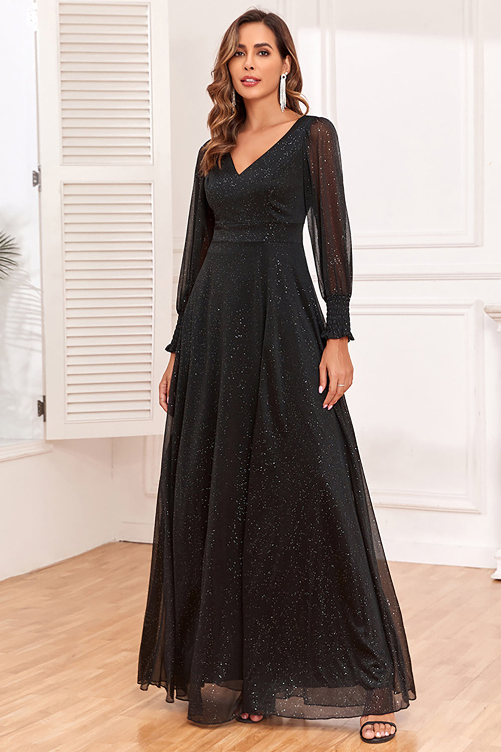 Glitter A-Line Long Sleeves Black Formal Dress with Slit