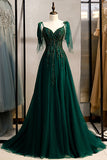 A-Line Spaghetti Straps Dark Green Formal Dress with Beading