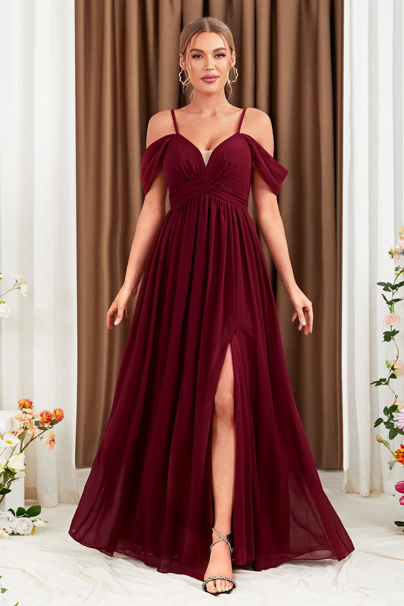 ZAPAKA Women Burgundy Formal Dress with Slit A Line Cold Shoulder