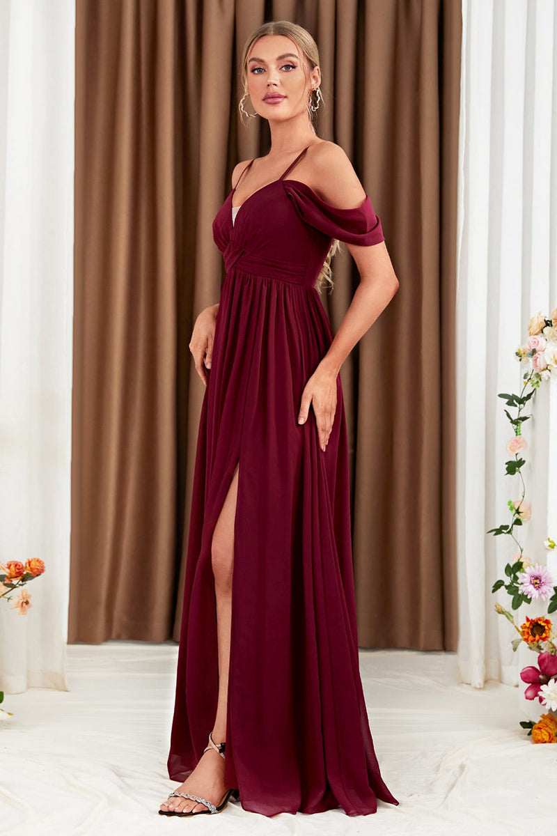 A Line Cold Shoulder Burgundy Formal Dress with Slit