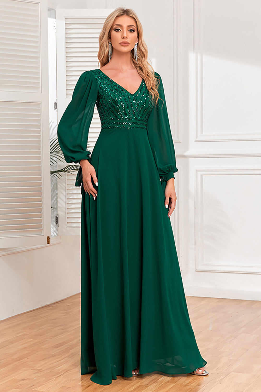 Dark Green A-Line V Neck Long Formal Dress With Sequins