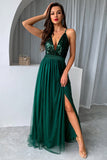 Dark Green A-Line Spaghetti Straps Long Formal Dress with Slit