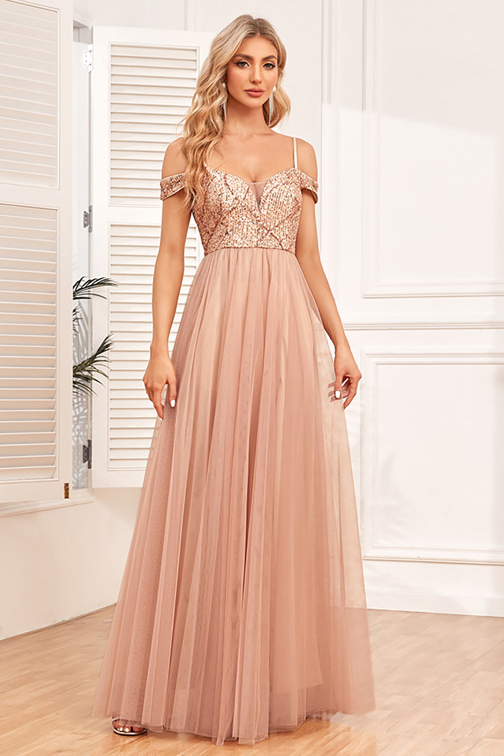 Champagne A-Line Tulle Long Formal Dress with Sequins