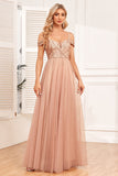 Champagne A-Line Tulle Long Formal Dress with Sequins