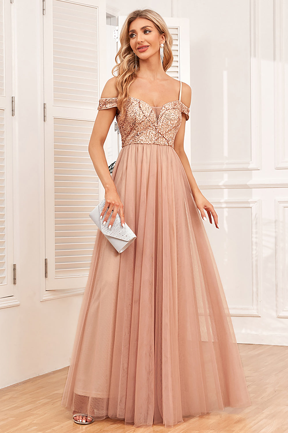 Champagne A-Line Tulle Long Formal Dress with Sequins