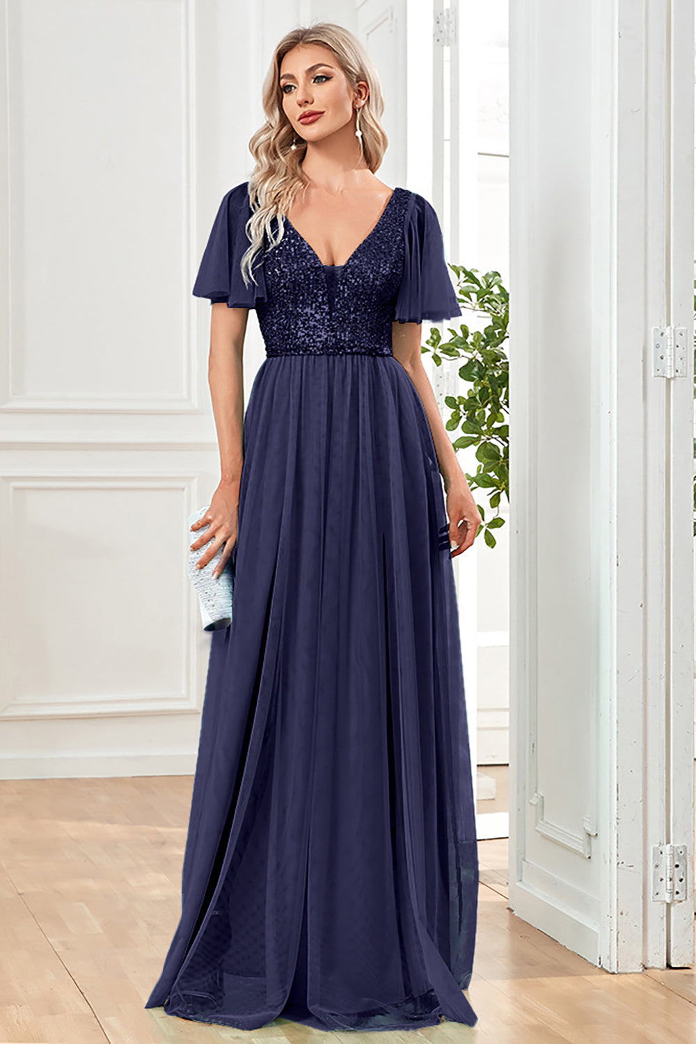 Black A-Line V Neck Long Formal Dress with Sequins