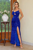 Black Mermaid Spaghetti Straps Sequin Formal Dress with Slit
