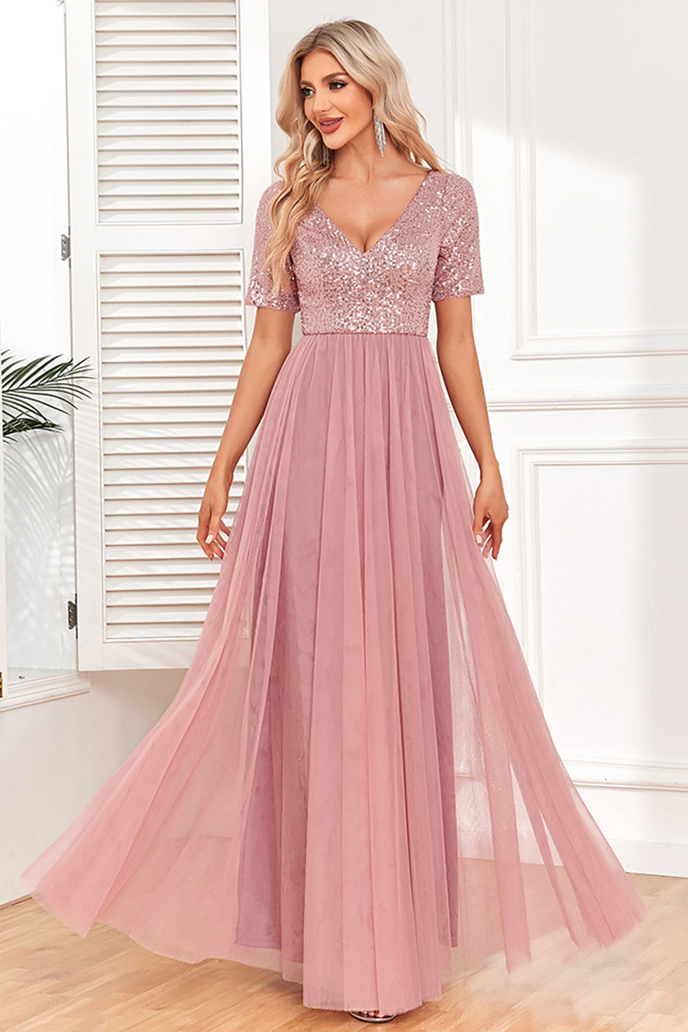 Dusty Rose A-Line V Neck Tulle Formal Dress with Short Sleeves