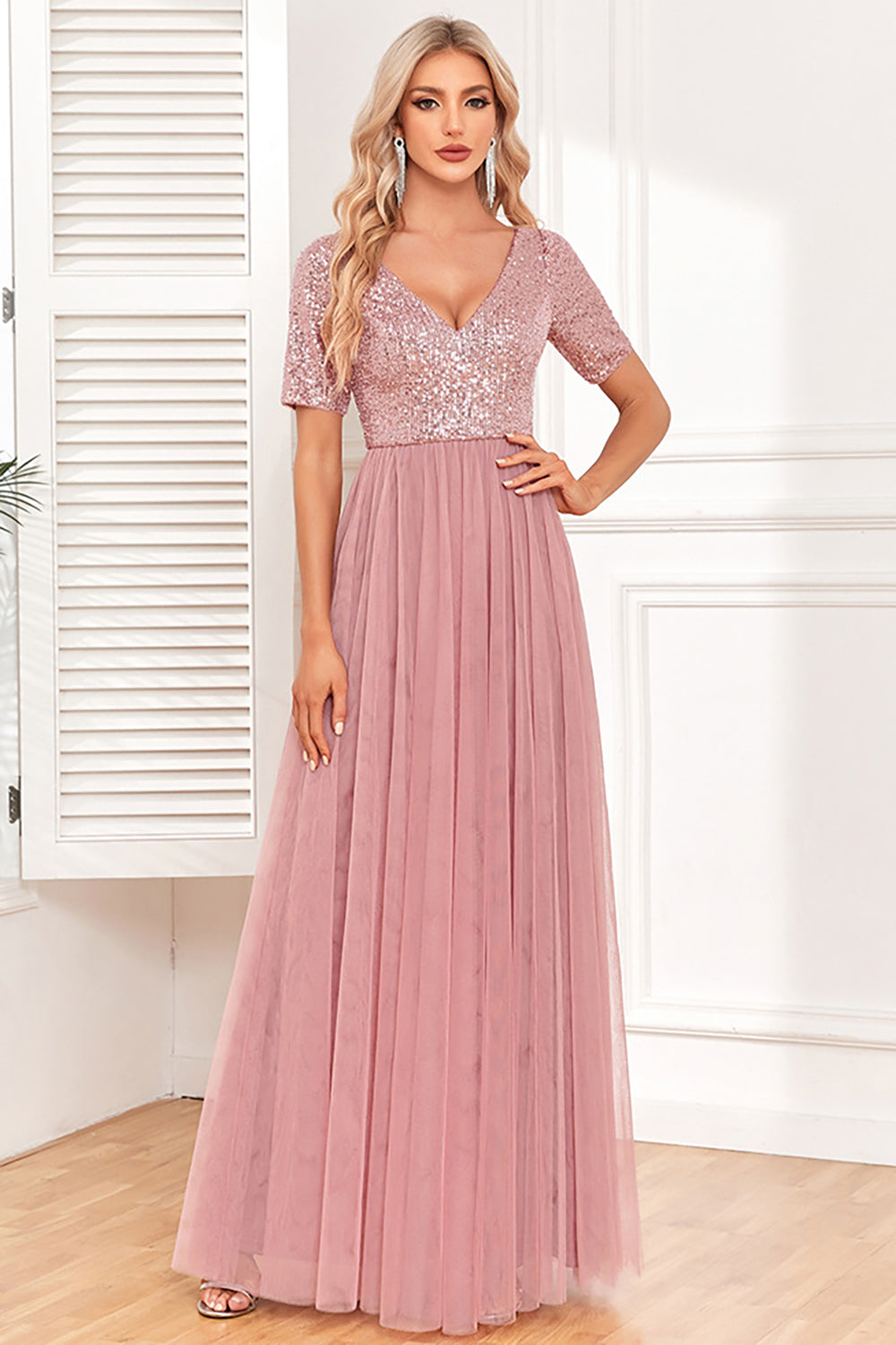 Dusty Rose A-Line V Neck Tulle Formal Dress with Short Sleeves
