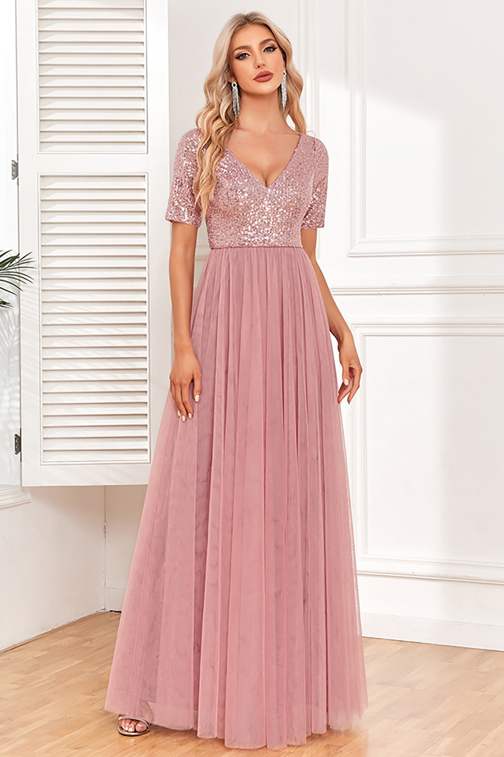 Dusty Rose A-Line V Neck Tulle Formal Dress with Short Sleeves