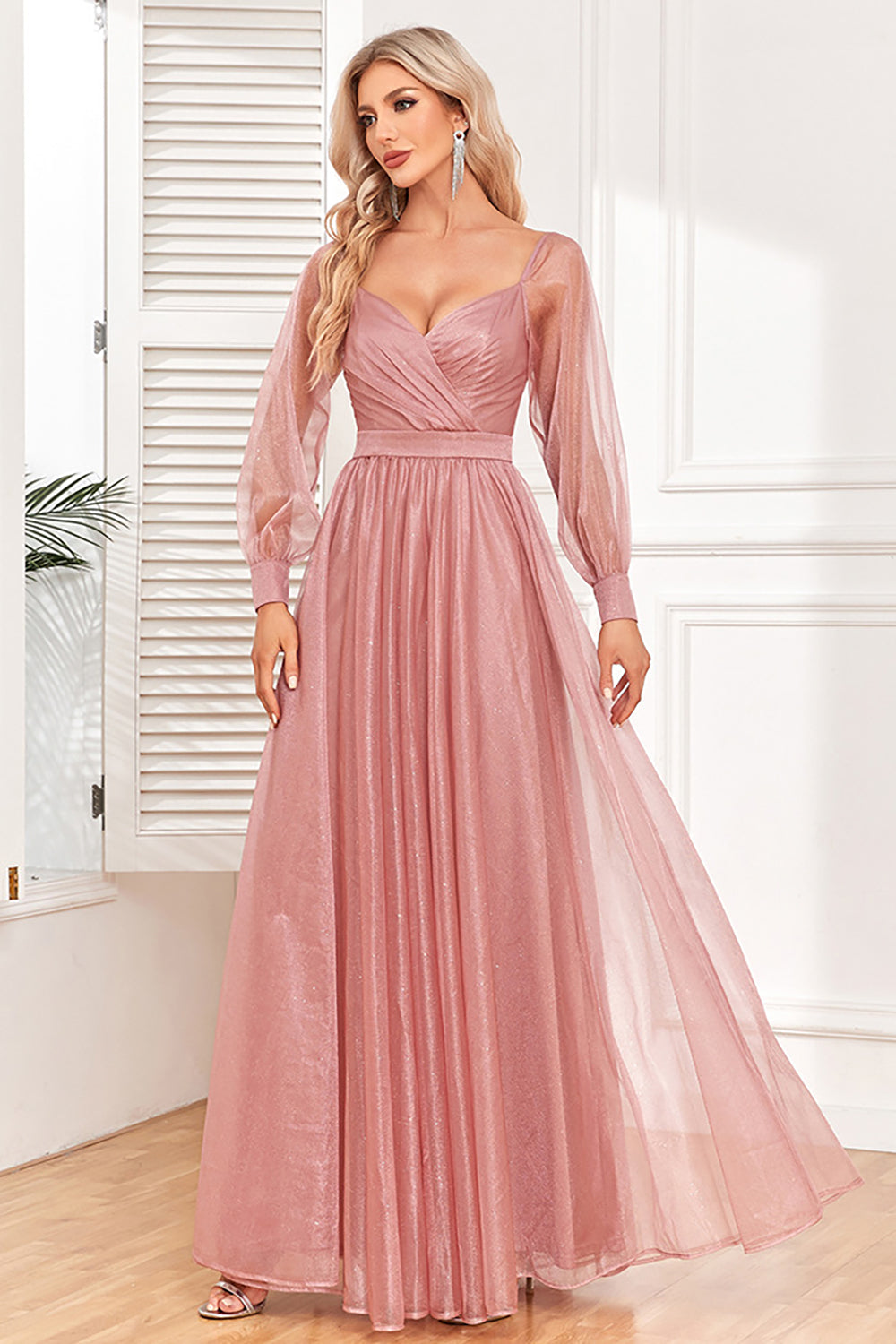 Dusty Rose A-Line Long Sleeves Formal Dress