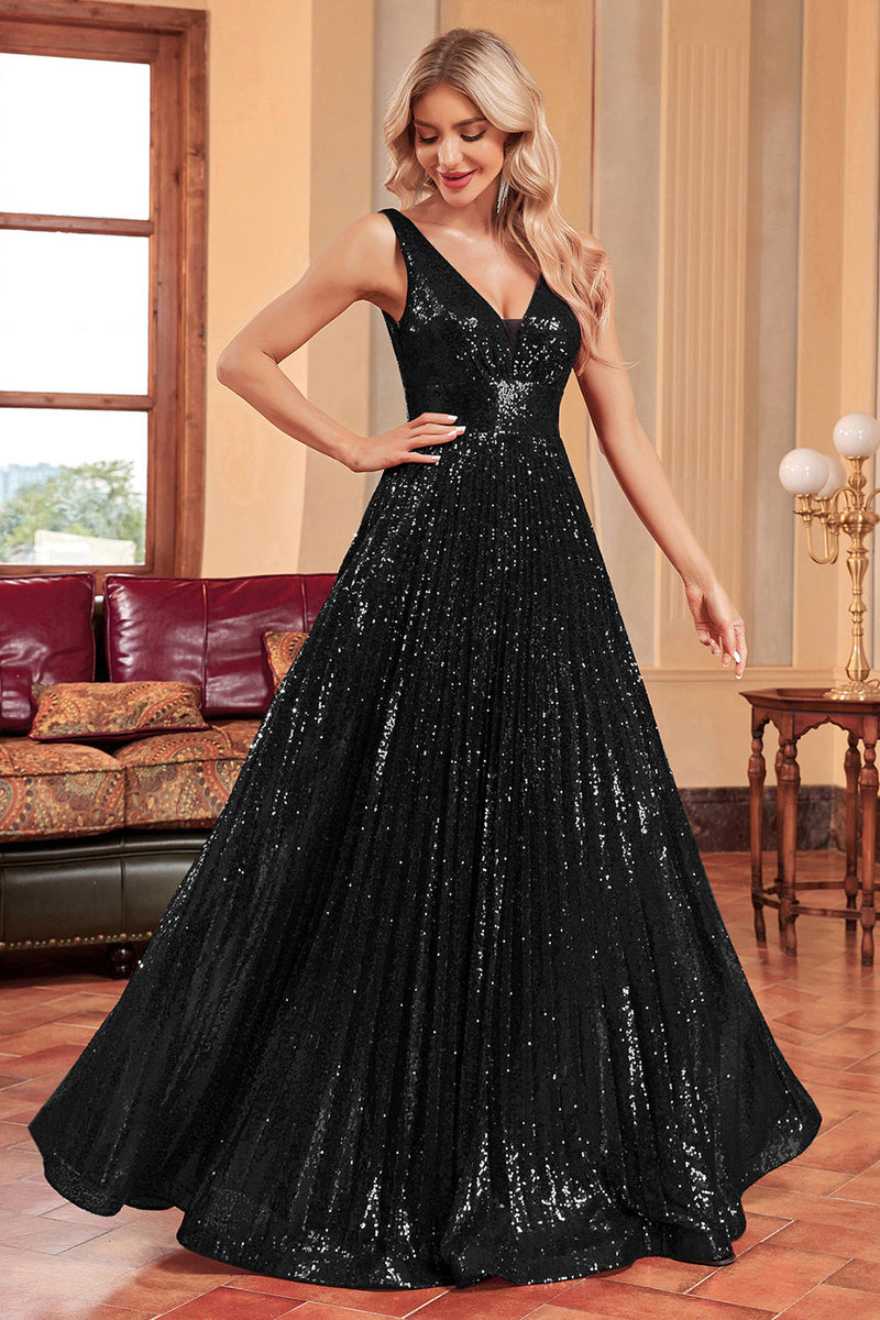 ZAPAKA Women Sparkly Black Formal Dress with Sequins A Line