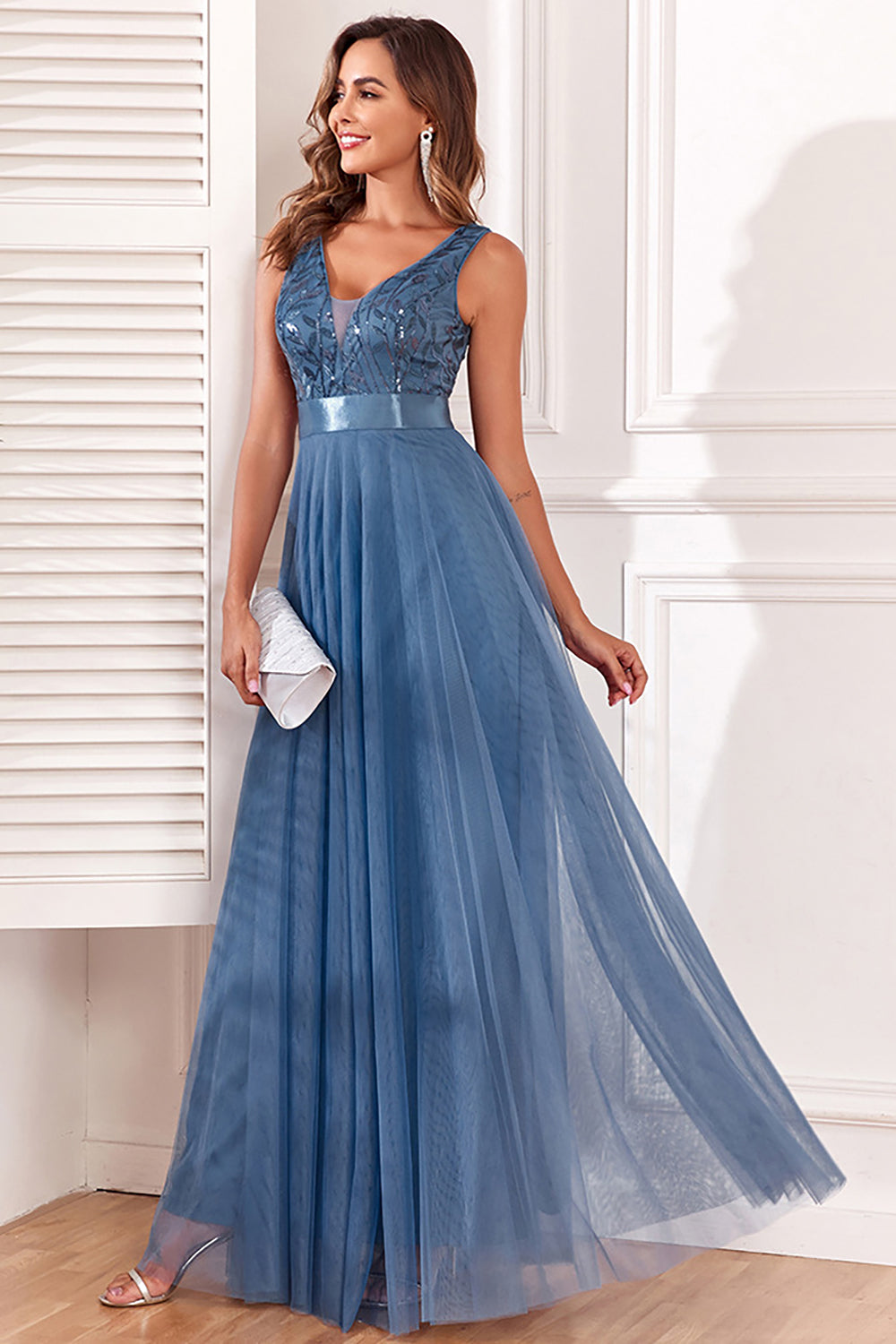 A-Line V-Neck Blue Formal Dress