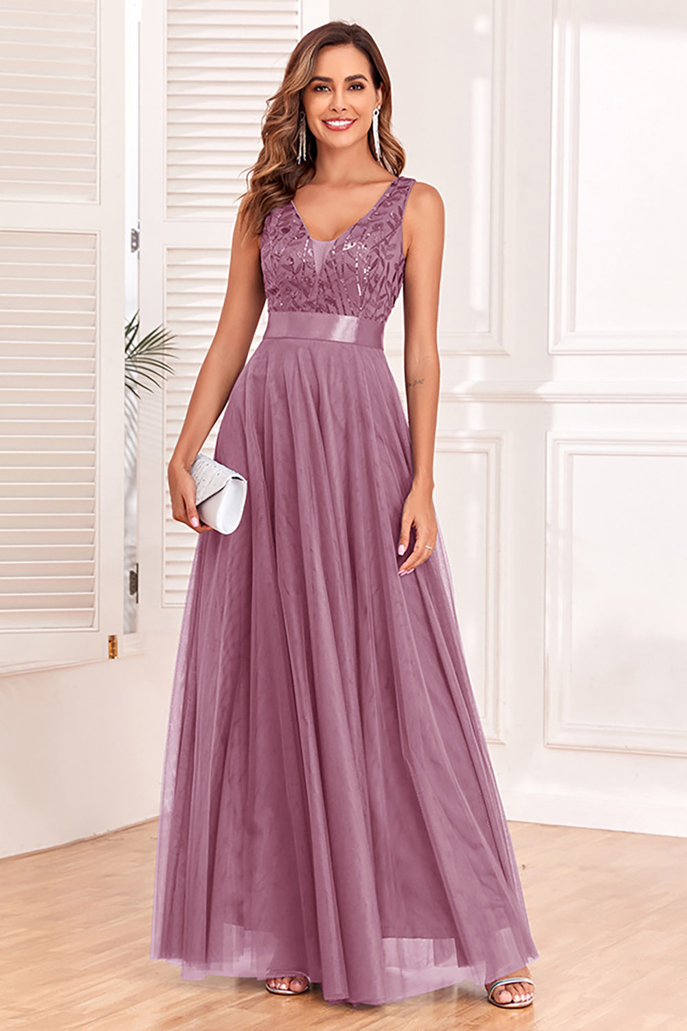 A-Line V-Neck Blue Formal Dress